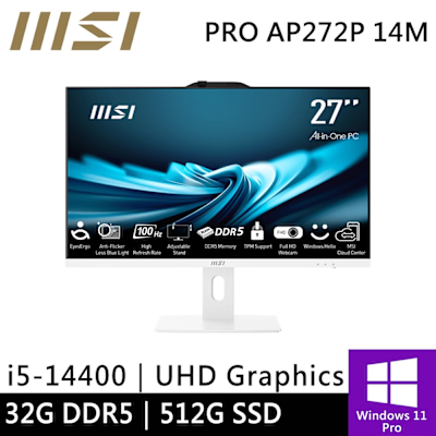 MSI微星 微星 PRO AP272P 14M-631TW-SP1 27型 白(i5-14400/32G/512G SSD/W11P)特仕版