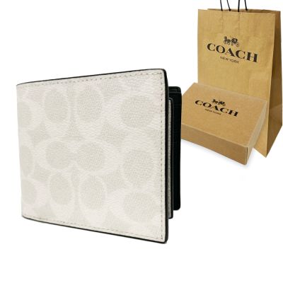 COACH 新款男款8卡對折短夾附活動式證件夾禮盒+紙袋(C LOGO-白)