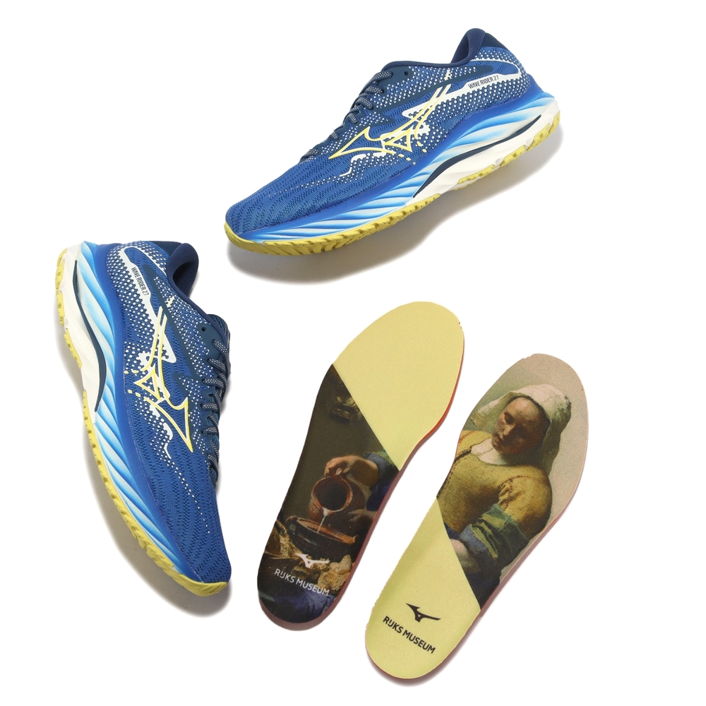 Mizuno 慢跑鞋Wave Rider 27 男鞋藍黃阿姆斯特丹馬拉松紀念款