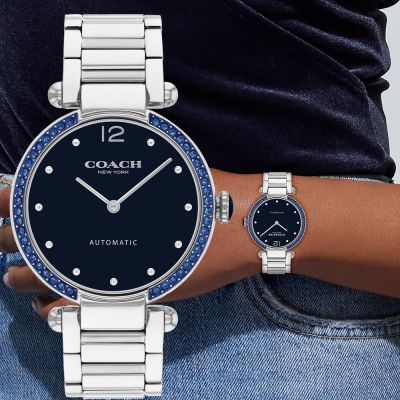 COACH CARY 晶鑽時尚機械錶 女錶 手錶 寵愛媽媽 送禮推薦--藍x銀/34mm CO14504578