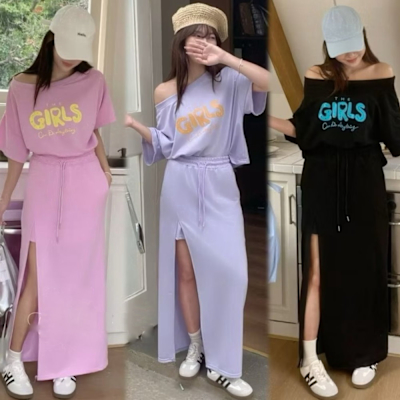 La Belleza百搭圓領英文字印花棉質寬鬆上衣+鬆緊腰側開叉露大腿長裙兩件式套裝