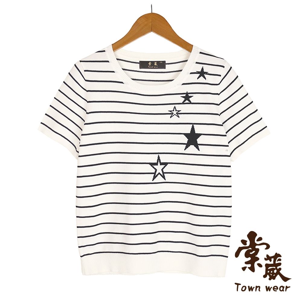 【TOWNWEAR棠葳】撞色星星設計針織衫 2色(女上衣/女上著/短袖/素色/拼接/休閒/條紋) (黑色系)