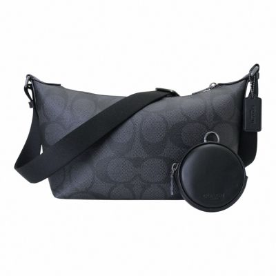 COACH 防刮PVC LOGO 附零錢包斜背包(黑x灰)小