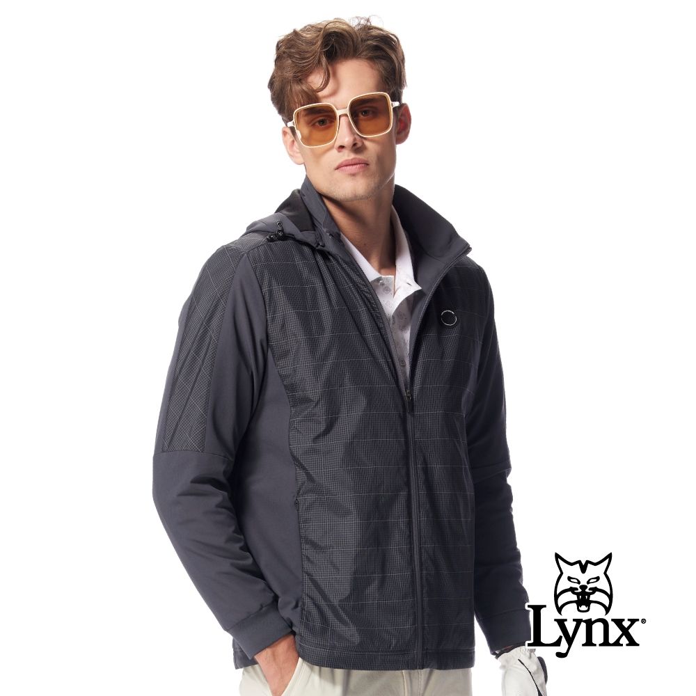 【Lynx Golf】男款3M反光防風連帽格紋拉鍊剪裁風衣夾克-黑灰色 (黑灰色)