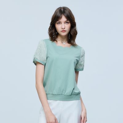 ILEY伊蕾 花邊領異材質拼接棉質上衣(綠；M-XL)