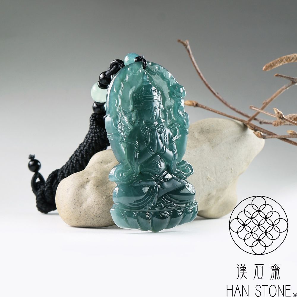 漢石齋】天然翡翠A貨觀音玉佩吊墜冰種藍水飄花(40*69*8mm) | 漢石齋