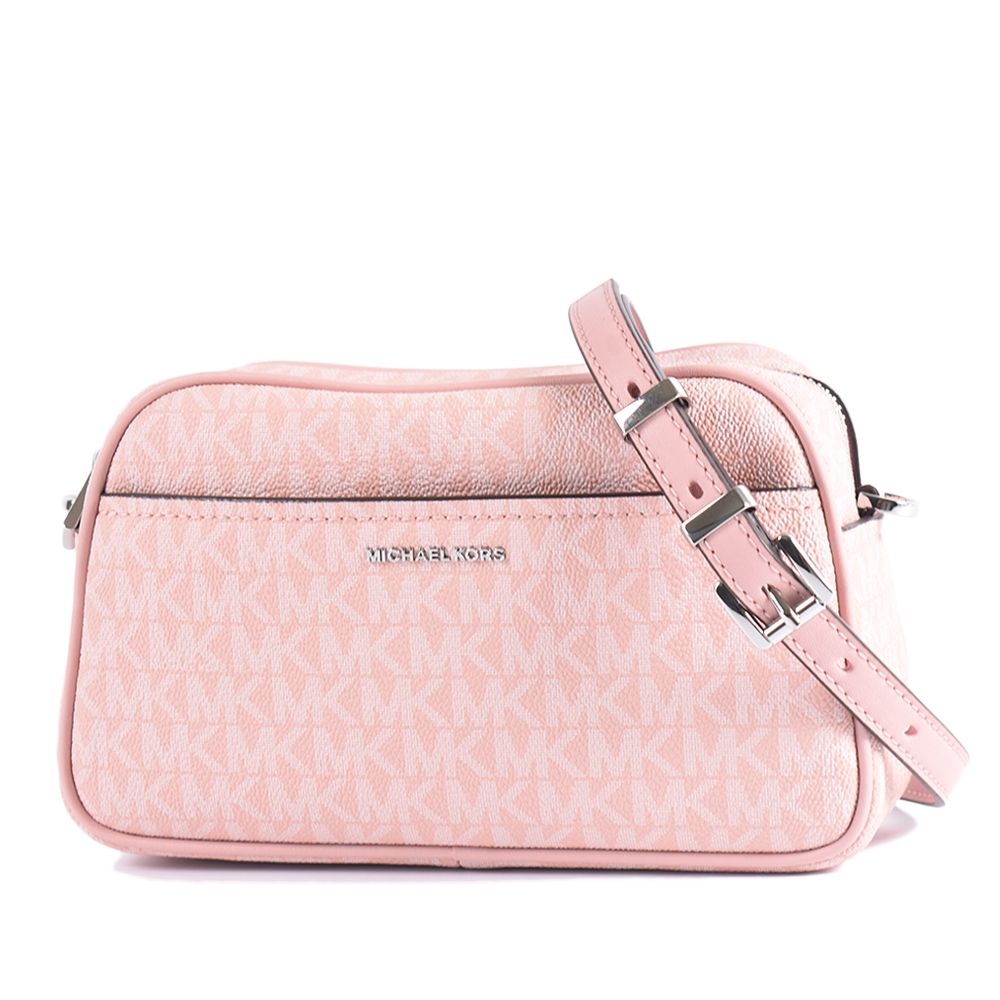 MICHAEL KORS Jet Set 緹花LOGO防刮拉鍊相機斜背包-煙燻玫瑰粉/小