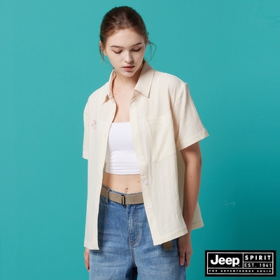 JEEP 女裝 跳色刺繡紋理短袖襯衫-米白