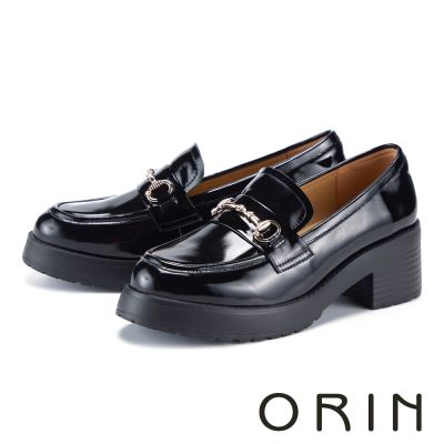 ORIN 牛油皮金屬馬銜釦厚底樂福鞋 黑色
