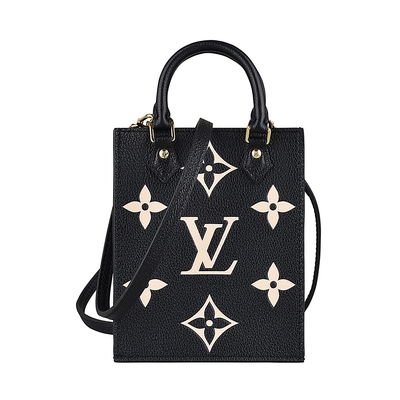 LOUIS VUITTON路易威登 LV M57937 PETIT SAC PLAT壓花LOGO Monogram Empreinte牛皮手提斜背包(黑x米)