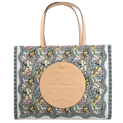 TORY BURCH 品牌LOGO復古圖騰尼龍托特包(淺褐邊-小款)