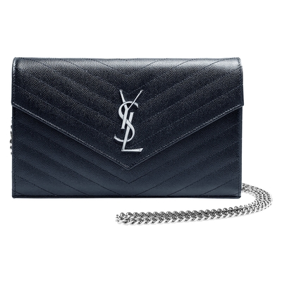 YSL Saint Laurent聖羅蘭 YSL MONOGRAM系列V字縫線魚子醬牛皮金屬LOGO銀鍊手提/肩背包(藏藍)