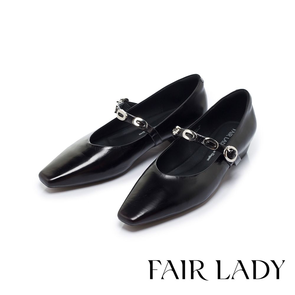 FAIR LADY 優雅小姐 摩登經典金屬環扣斜切小方頭低跟鞋 黑 (5R3262)