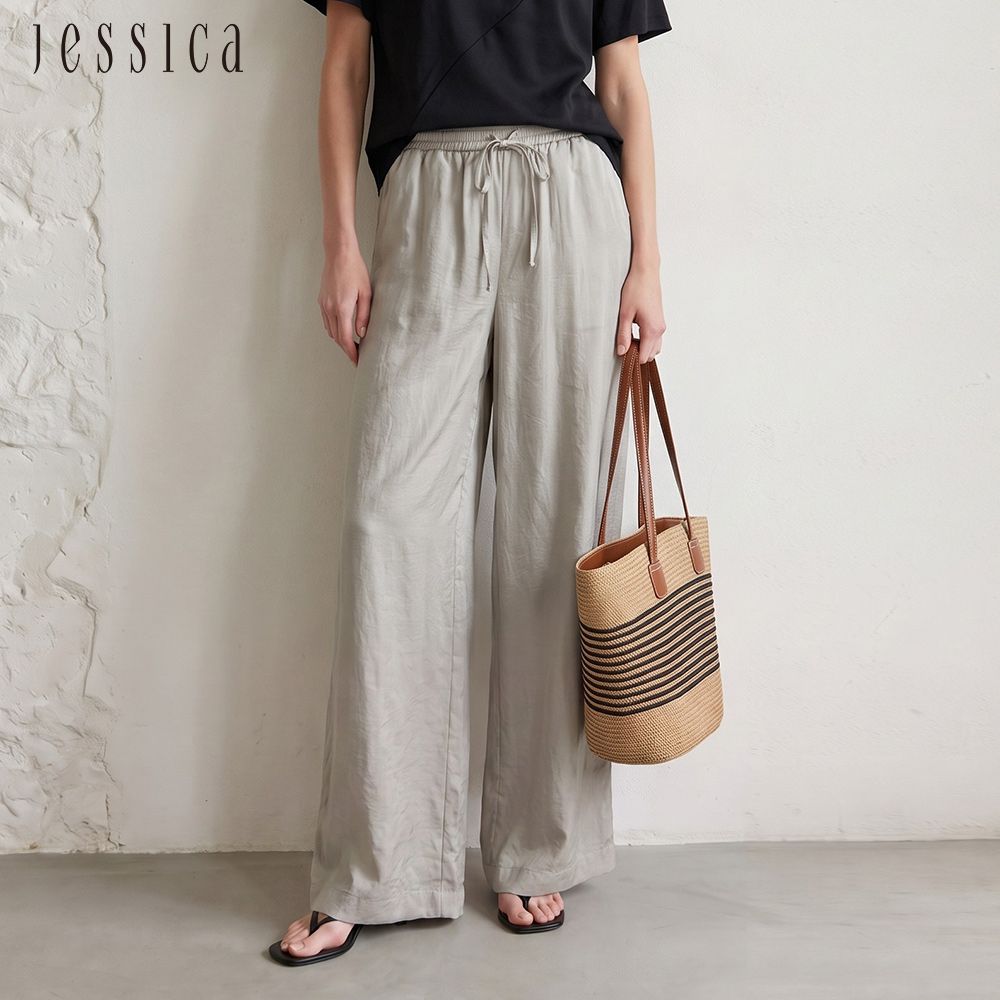 JESSICA - 百搭休閒素色抽繩鬆緊寬褲J63205