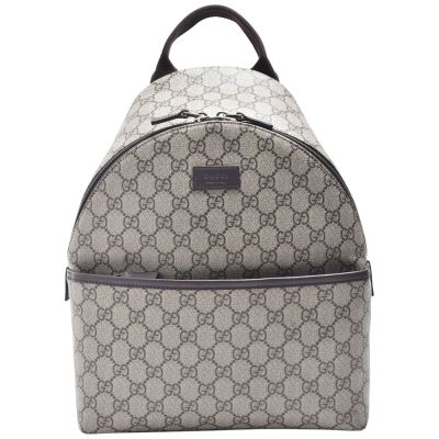 GUCCI 經典GG Supreme 帆布皮革滾邊兒童後背包(深咖/烏木色)