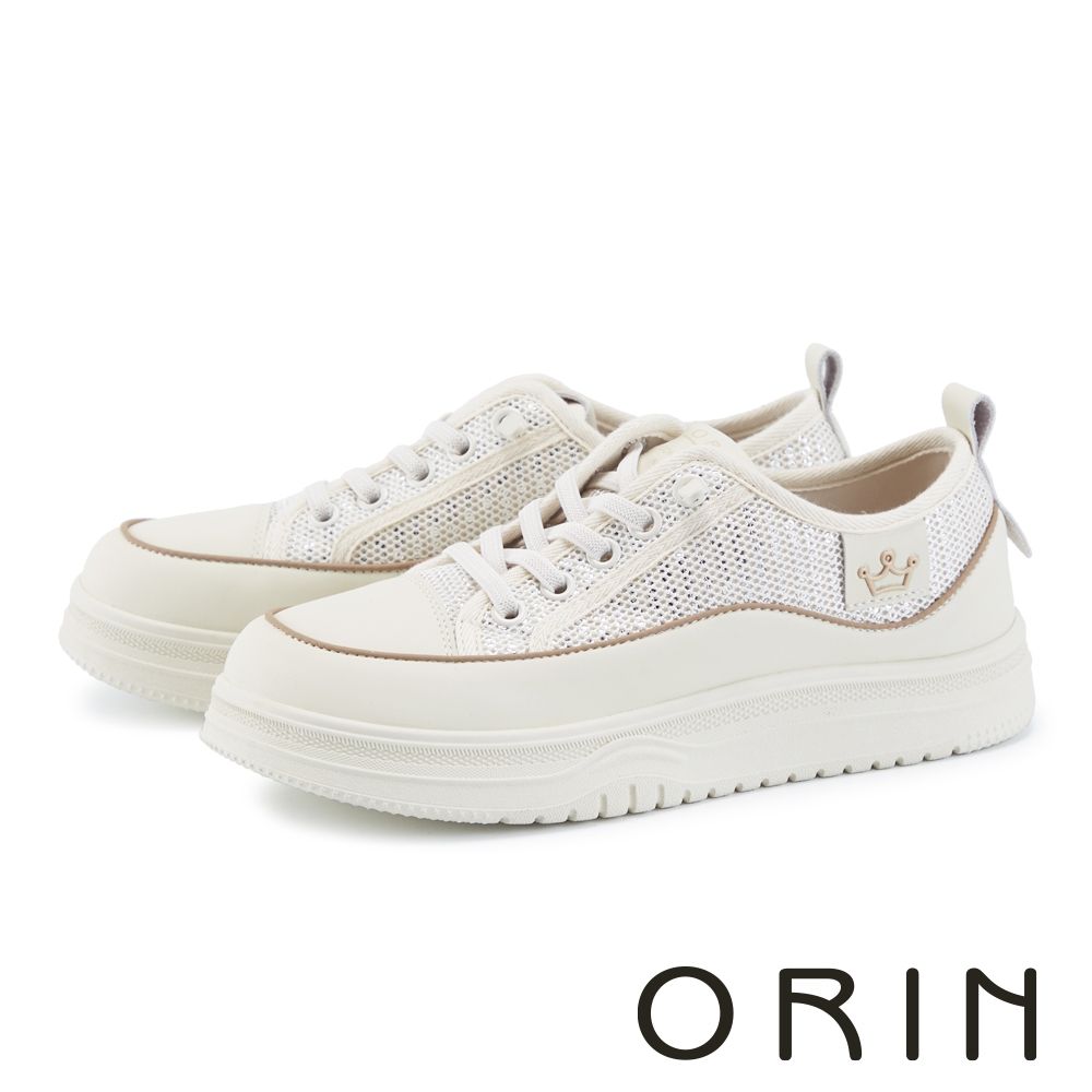 ORIN 質感系異材拼接免綁帶平底休閒鞋 米色