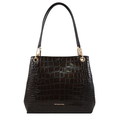 MICHAEL KORS KENSINGTON 浮雕LOGO鱷魚紋皮革三層肩背托特包(深咖)