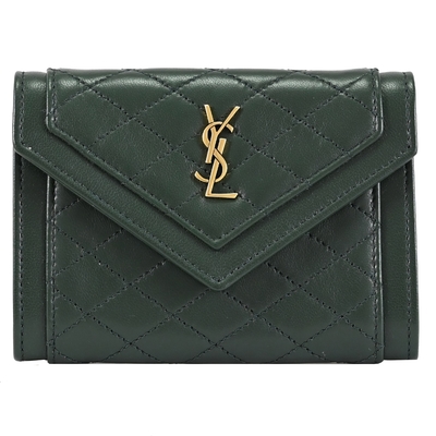 YSL Saint Laurent聖羅蘭 YSL Saint Laurent 菱格車線小羊皮信封式4卡零錢包/簡易短夾(墨綠)