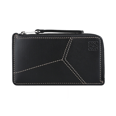 LOEWE 羅威 Puzzle壓印LOGO縫線設計光滑小牛皮拉鍊卡片零錢夾(黑)