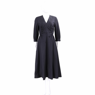 Max Mara SVELTO 純棉黑色抓皺V領長袖連身裙 洋裝
