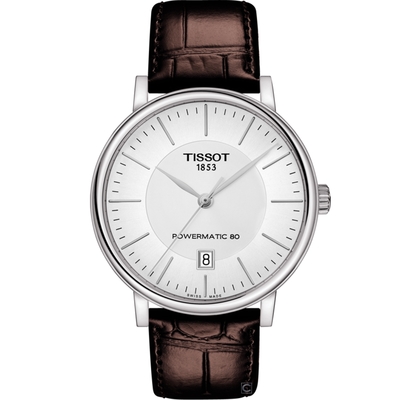 TISSOT 天梭 官方授權 CARSON 經典時尚80小時動力儲存機械錶 畢業禮物首選(T1224071603100)咖啡/40mm
