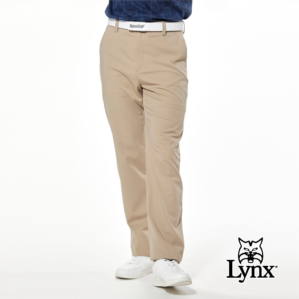 【Lynx Golf】男款精選縲縈材質彈性舒適布料斜紋後袋Lynx繡花平面休閒長褲-卡其色