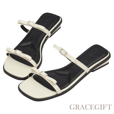 【Grace Gift】都會時髦細鑽蝴蝶結方頭低跟拖鞋 米漆