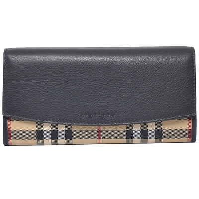 BURBERRY 巴寶莉 經典格紋戰馬LOGO圖騰牛皮字母壓紋釦式長夾(黑色/紅內裡)