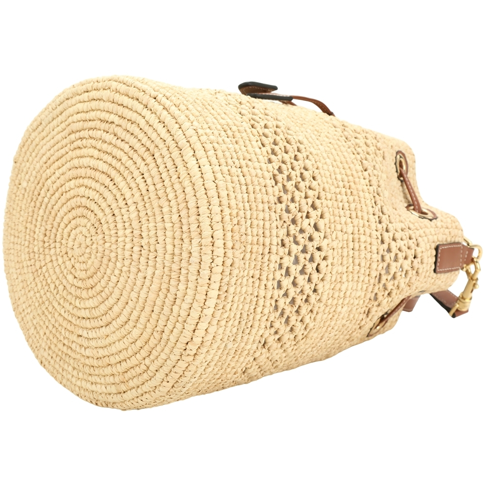 CELINE 賽琳CLARA 金屬凱旋門牛皮拼拉菲草編織束口手提/斜背水桶包(黃