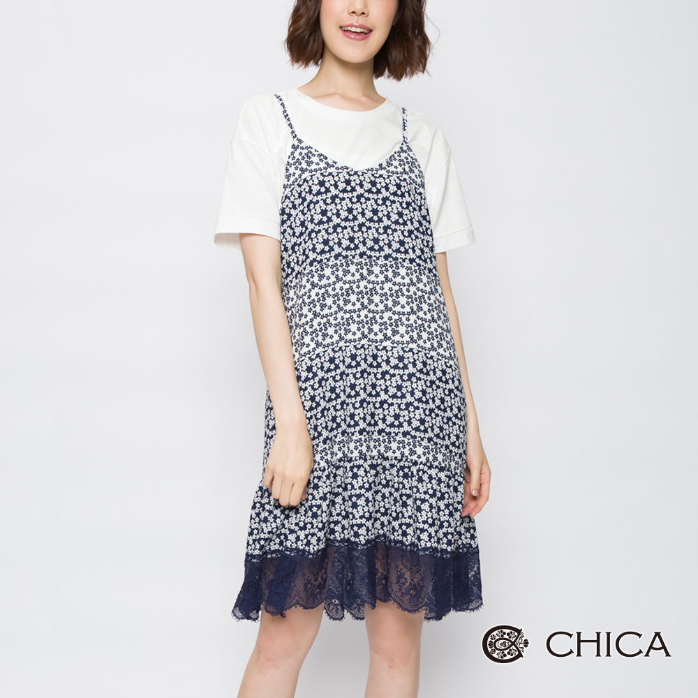 CHICA 花漾年華細肩帶碎花蕾絲洋裝(2色)