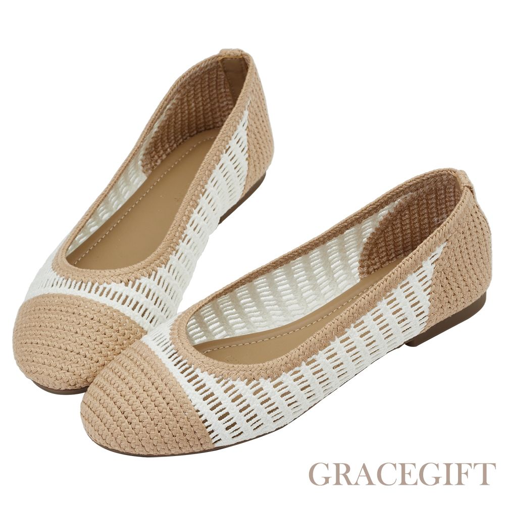 【Grace Gift】法式輕透編織拼色平底娃娃鞋 米白