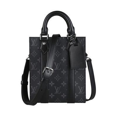 LOUIS VUITTON路易威登 LV Sac Plat Mini皮吊牌鋼印LOGO老花帆布開放式手提/斜背包(男款/迷你/炭黑)
