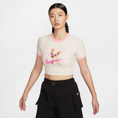 NIKE 短袖上衣 女款 運動 短版 AS W NSW TEE SLIM CRP GCEL 米白粉 HM4621-133