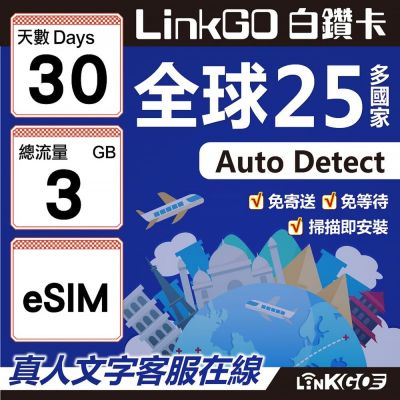 LINKGO白鑽卡 全球25國 eSIM卡 30天上網絡卡 總流量3GB(全球網絡卡 亞洲 歐洲 美洲 大洋洲 非洲)