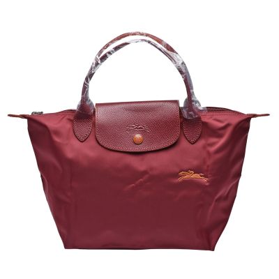 LONGCHAMP 經典LE PLIAGE刺繡暗釦/拉鍊短提把尼龍水餃包(小-石榴石紅色)