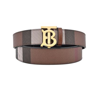 BURBERRY TB LOGO格紋拼接皮革雙面兩用女士皮帶(深樺木棕)