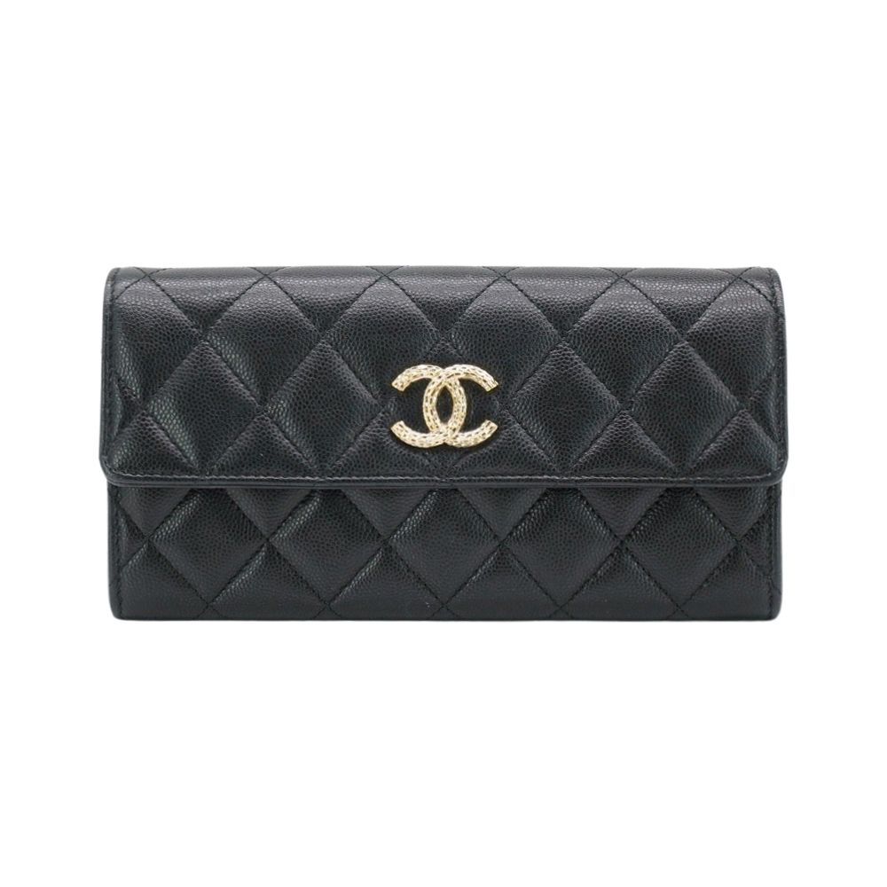 二手品 Chanel 香奈兒 Chanel 金雙C logo水鑽菱格牛皮釦式二折長夾(AP4247-黑)