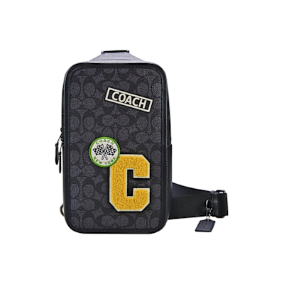 COACH灰/黑C LOGO PVC貼布繡裝飾拼接黑色皮革直式方型單肩胸背斜後背男包