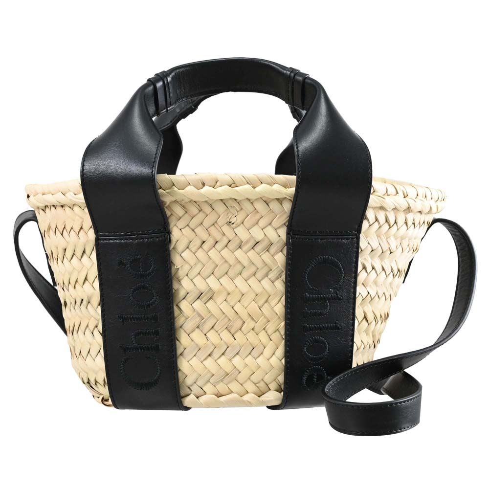 CHLOE Sense Small Basket 經典電繡LOGO手提斜背兩用草編包/小提籃(黑色)