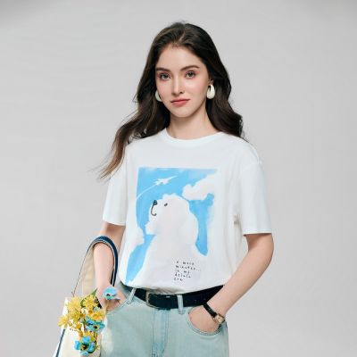 GIORDANO 女裝Sorona彈力雪白小狗印花短袖上衣