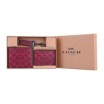COACH C字壓印LOGO小牛皮8卡對折短夾名片夾三合一禮盒組(酒紅)