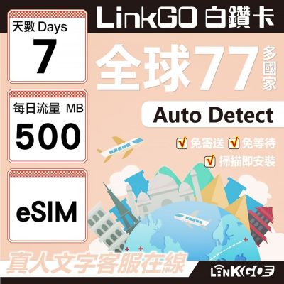 LINKGO白鑽卡 全球77國 eSIM卡 7天上網絡卡 每日500MB(全球網絡卡 亞洲 歐洲 美洲 大洋洲 非洲)
