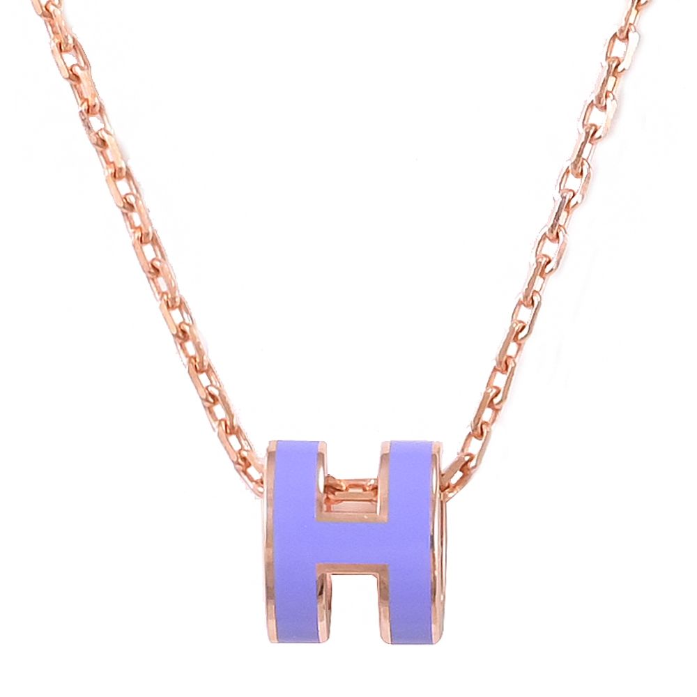 HERMES MINI POPH 經典鏤空橢圓H飾鎖骨項鍊(玫瑰金/丁香紫)