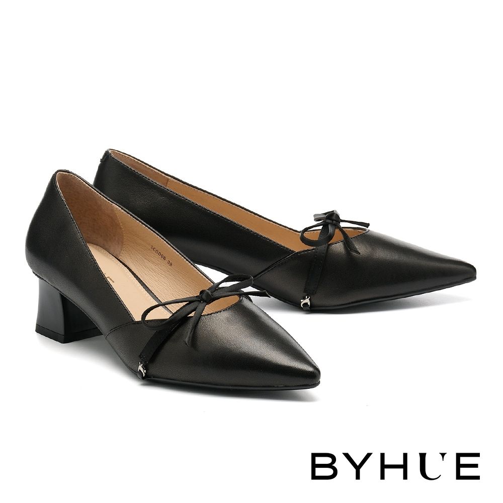 高跟鞋 BYHUE 簡約兩穿可拆式蝴蝶結羊皮軟芯尖頭高跟鞋－黑