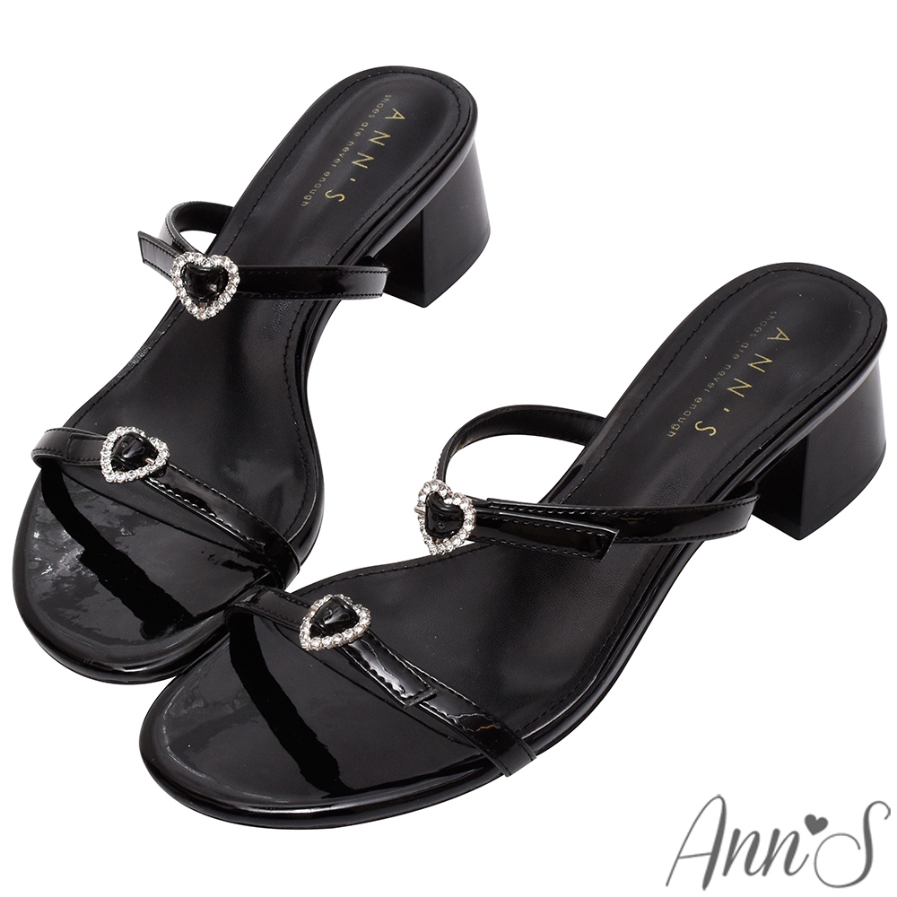 Ann’S公主的日常夏季-雙帶愛心鑽石粗跟涼拖鞋4cm-黑