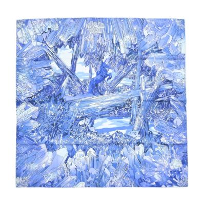 Hermes 愛馬仕 La Vallee de Cristal 90 手工捲邊斜紋真絲方巾(藍)