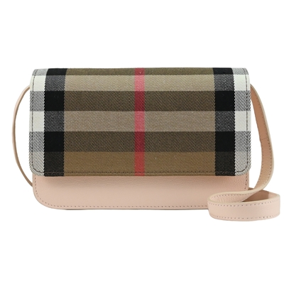 BURBERRY MADISON 格紋印花帆布拼接迷你斜背包(淺粉邊)