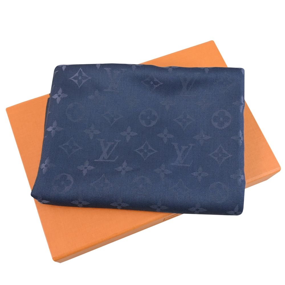 LV M96980 Monogram Classic 羊毛混紡經典花紋長圍巾/披肩(藍灰) | LV