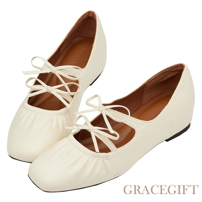 【Grace Gift】復古蝴蝶結內增高芭蕾舞瑪莉珍鞋 米白