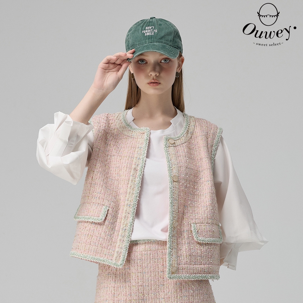 OUWEY歐薇 千金風粉彩金蔥花呢短背心(粉；S-L)